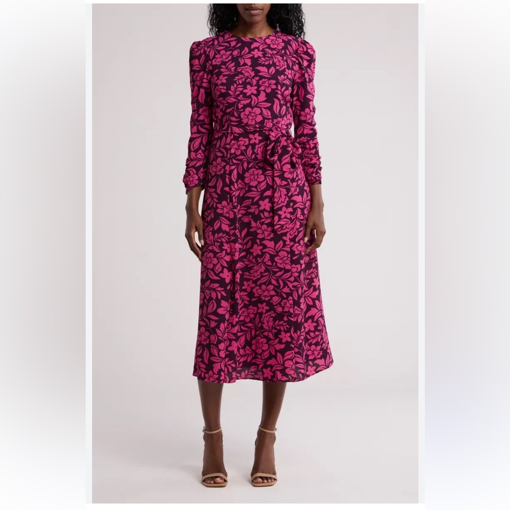 Fuchsia Floral Long-Sleeve Midi Dress